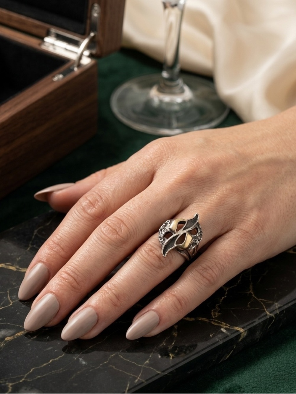 Unique sculpted Bohemian ring 925 sterling Silver and gold filled